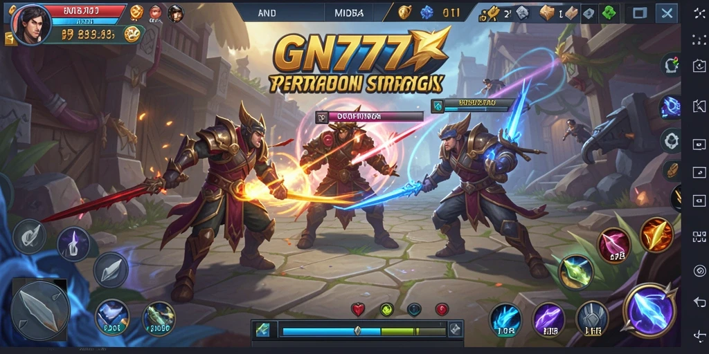 Tangkapan layar gameplay seru dalam GN777 menunjukkan pertarungan MOBA yang intens.