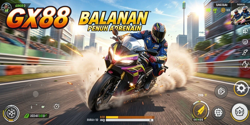 Tampilan gameplay seru di GX88 dengan aksi balapan motor yang dinamis.