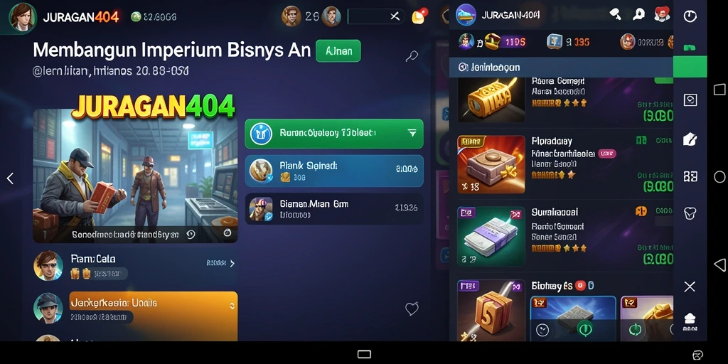 Screenshot gameplay JURAGAN404 menampilkan pengelolaan bisnis yang dinamis.