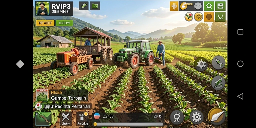 Gameplay RVIP3 yang menampilkan aktivitas bertani yang seru.