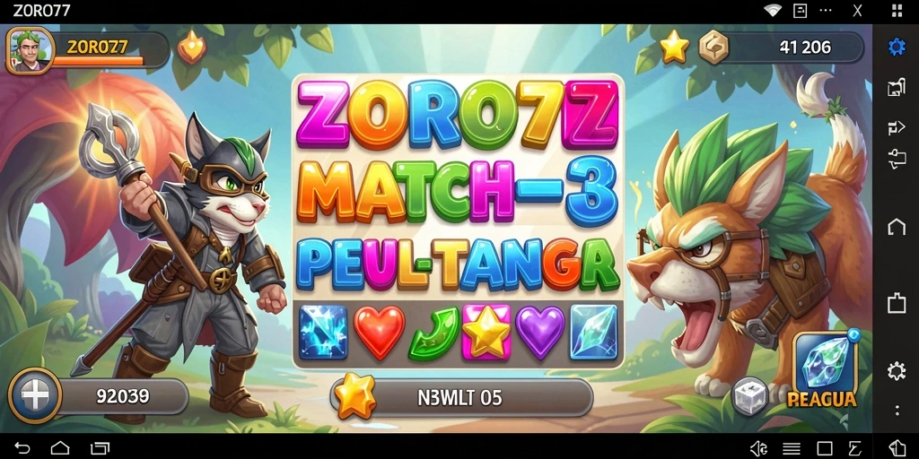 Screenshot ZORO77 menunjukkan gameplay seru mencocokkan item.